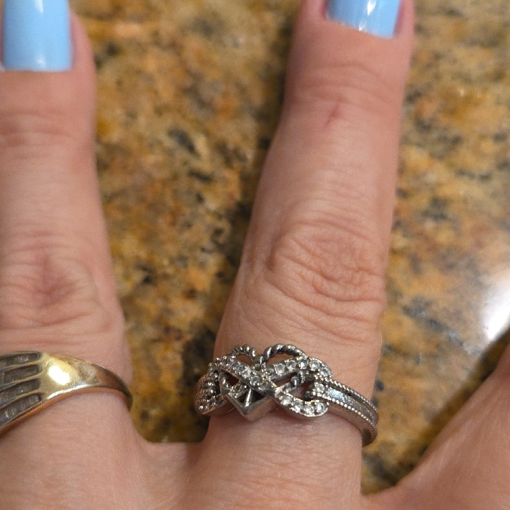 Silver Heart & Bow Ring with Stones – Size 9